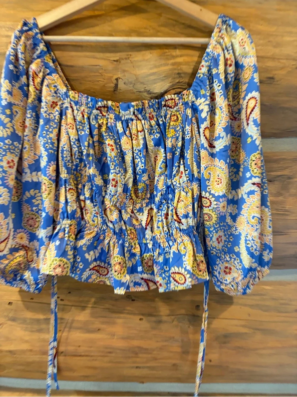 Lulus Staying Cute Blue Paisley Satin Ruffled Long Sleeve Top size Medium - Picture 3 of 5